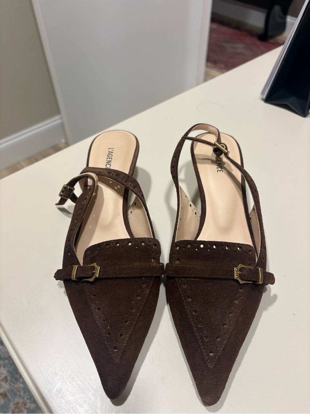 L'AGENCE Dark Brown Suede Pointed Slingback Flats